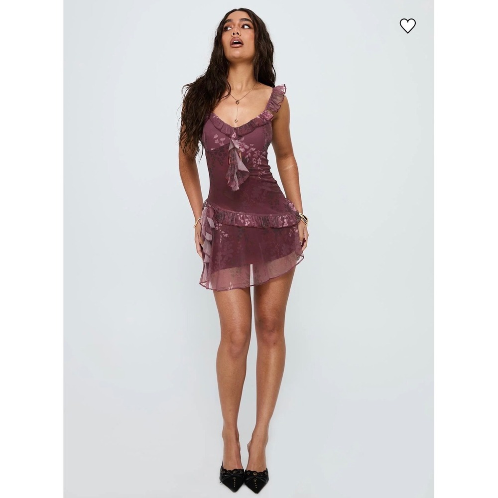 Princess Polly Ballad Floral Mini Dress Women Size 0 Burgundy Multi Ruffle Mesh